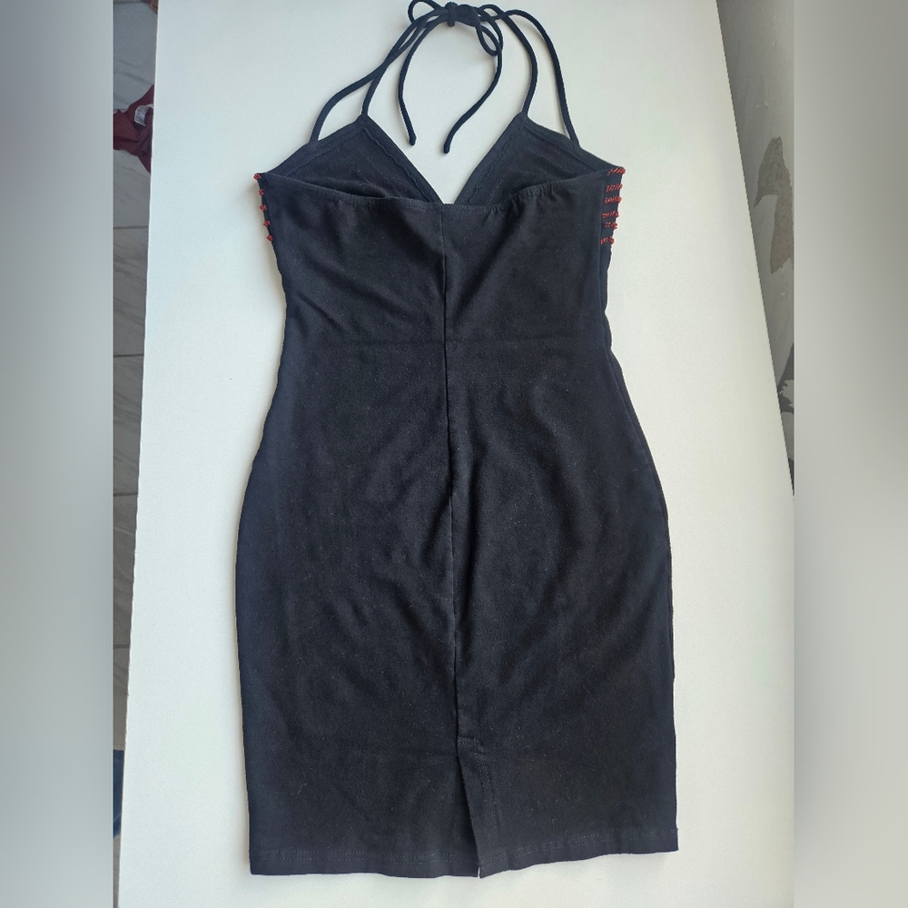 Hunza G Vintage Black With Crimson Beading Double Halter Strap Mini Dress - Picture 5 of 15